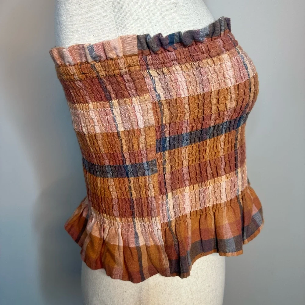 Sz M American Eagle smocked strapless tube top ruffled plaid linen warm tone